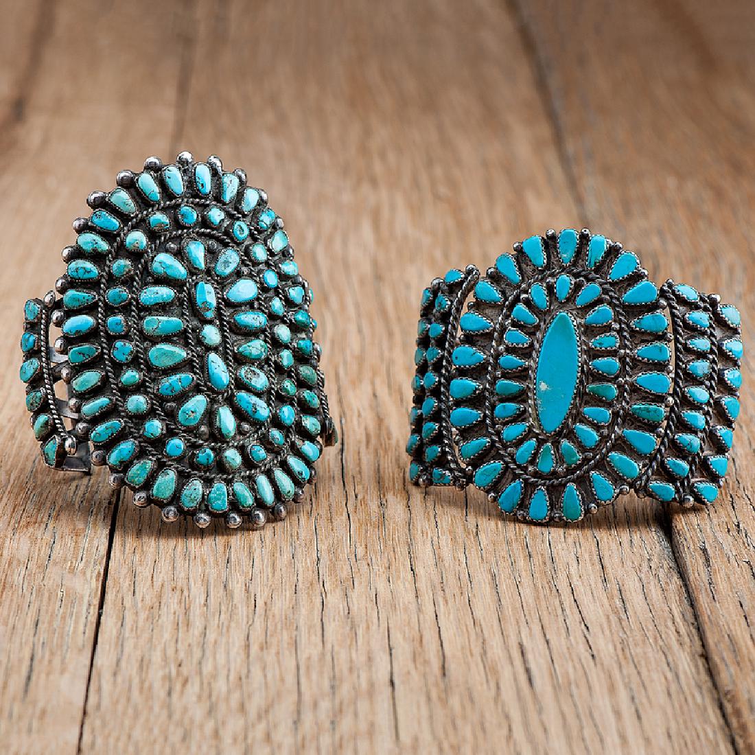 Pair of Silver and Inlaid Turquoise Cluster Bracelets (1 of 3)