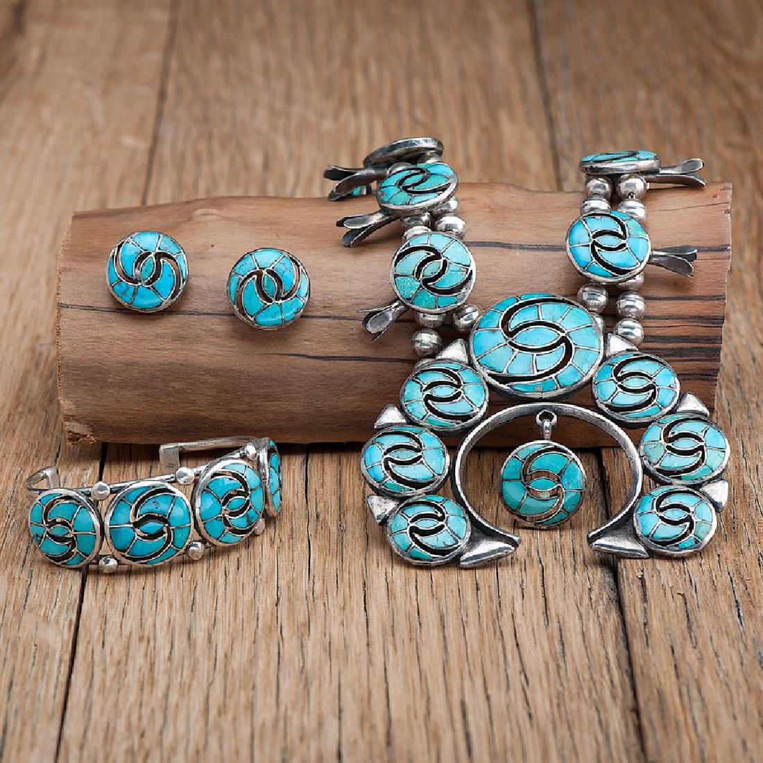 Zuni Silver and Turquoise Mosaic Inlay Squash Blossom, (1 of 3)