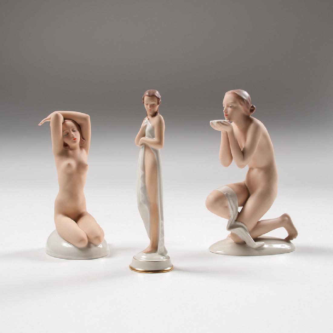 Fischer & Mieg Pirkenhammer Signed Female Nudes, Lot of: Czechoslovakia, ca. 1920s-1930s. A group of three porcelain figures by Fischer & Mieg Pirkenhammer, each with manufacturer's mark on underside, including one of a nude woman drinking from a bowl, i