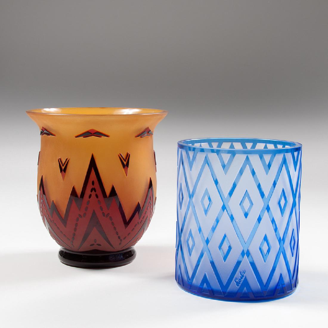 Loetz Glass Vases, Lot of Two: Czechoslovakia, early 20th century. A group of two vases, including one by Loetz in cylinder form with a frosted glass background and a blue diamond pattern, signed near bottom edge (ht. 7, dia. 6 in