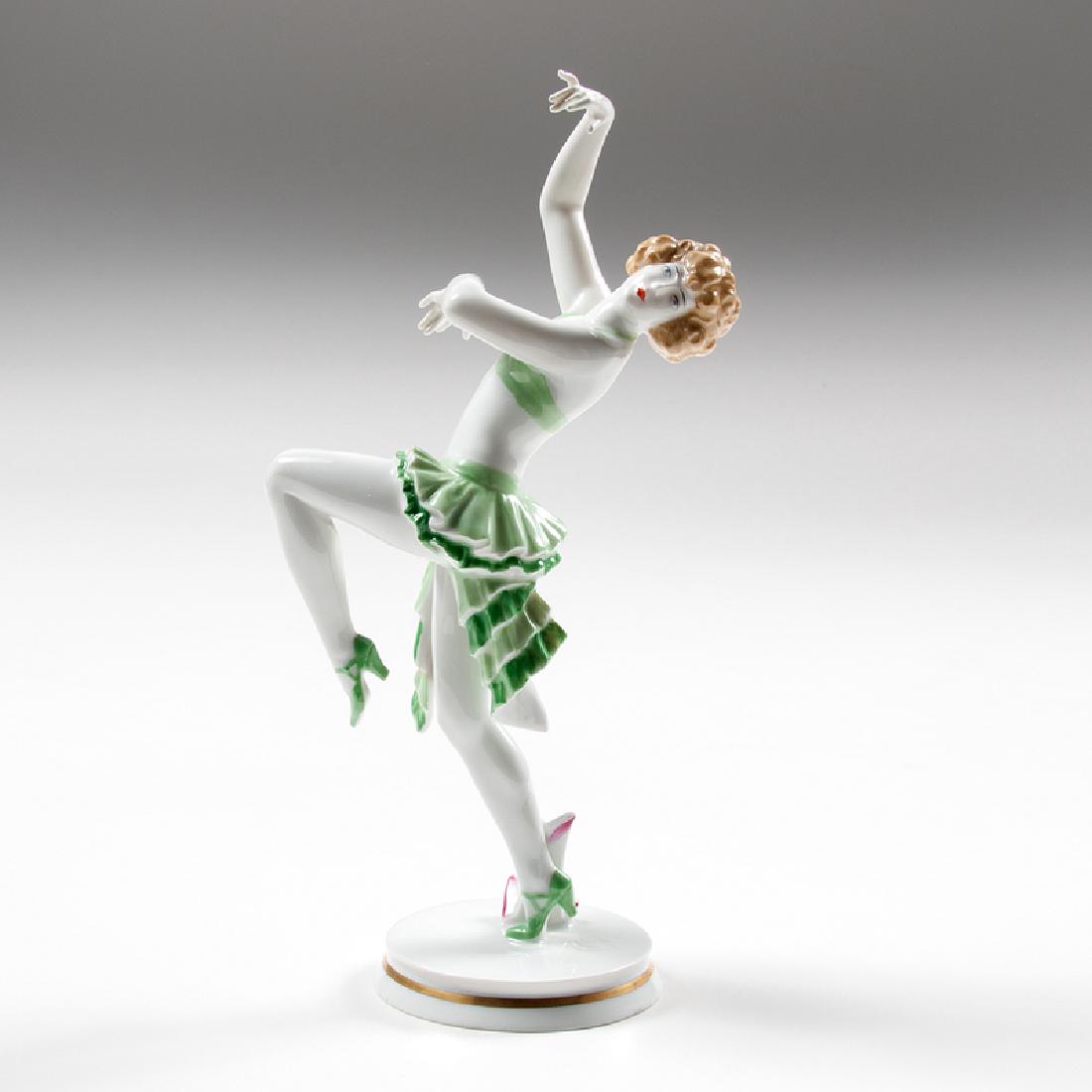 Gustav Oppel (German, 1891-1978) for Rosenthal: Germany, ca. 1920s. A porcelain figure by Gustav Oppel for Rosenthal titled "Charleston" depicting a woman in a green costume striking a dance pose, with manufacturer's mark and impressed H. 963 / 16