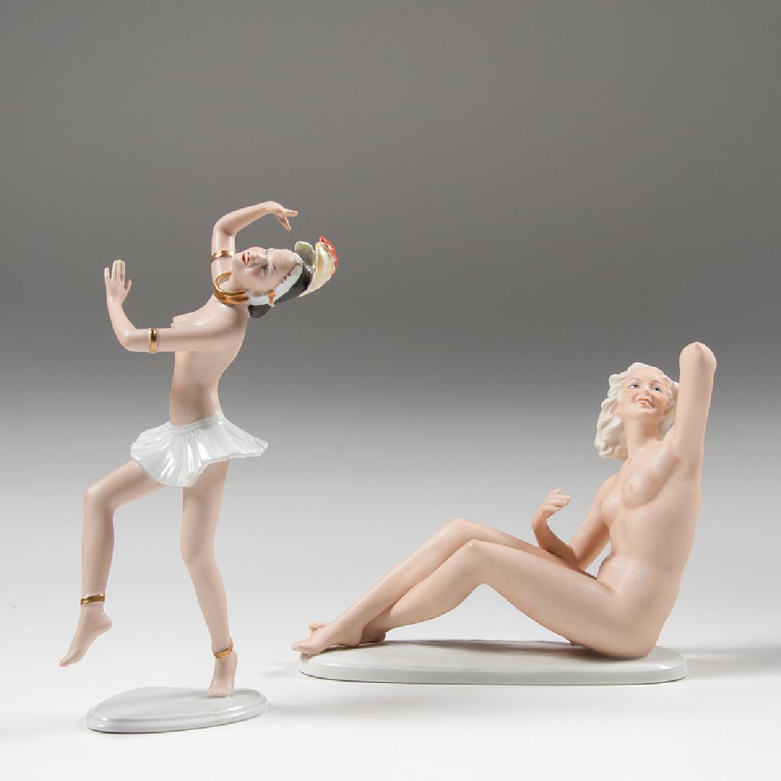 Schaubach-Kunst Wallendorf Nude Figures, Lot of Two: Germany, mid-20th century. A group of two porcelain figures by Schaubach-Kunst Wallendorf, each with manufacturer's mark on underside, including one by Kurt Steiner (German, 1904-1970) of a dancer wea