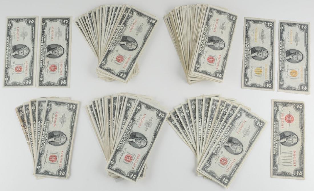 United States Two Dollar Bills (1953-1963): A set of 157 Two Dollar Bills with dates of 1953 and 1963. Two in lot have gold seal and serial numbers.