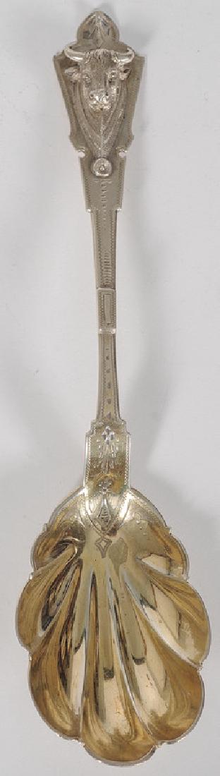 George Sharp Coin Silver Serving Spoon: American (Philadelphia), ca 1850-1874. A coin silver partial gilt serving spoon by George Sharp with bull's head handle, impressed marks; lg. 8.5 in., wt. 2.07ozt (64.5g).