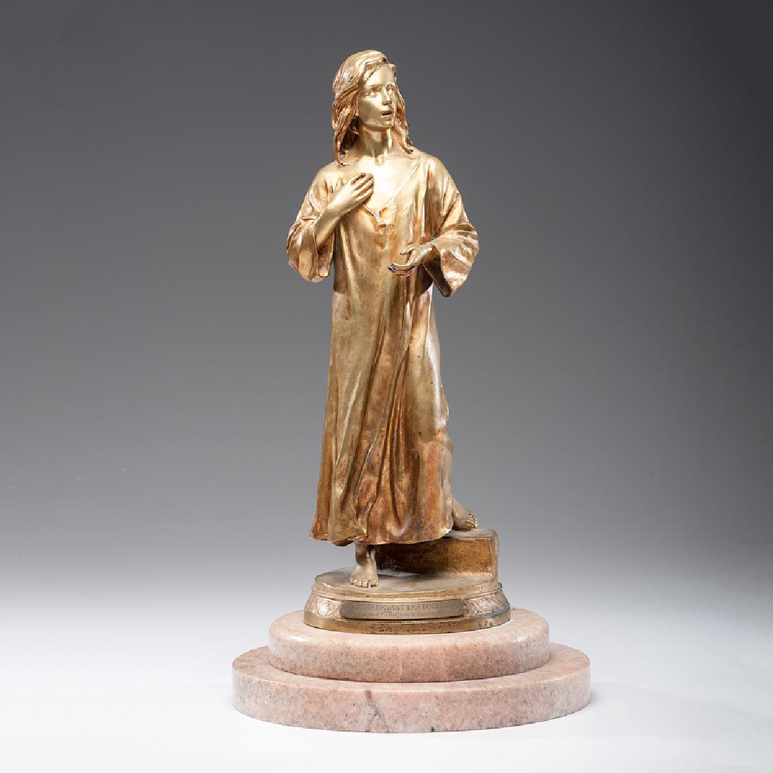 Raoul Larche (French, 1860-1912): Jésus Parmi les Docteurs (Finding in the Temple) gilt bronze, raised on a marble pedestal signed at base bronze ht. 21 in., oah. 24 in.