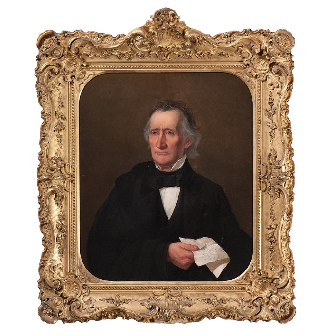James Henry Beard, Portrait of Ohio Governor Allen: James Henry Beard (1812-1893). Oil on canvas portrait of Governor Allen Trimble (1783-1870), initialed J. B. and dated 1858 c.l. Housed in an ornate giltwood carved frame, with label falsely attribut