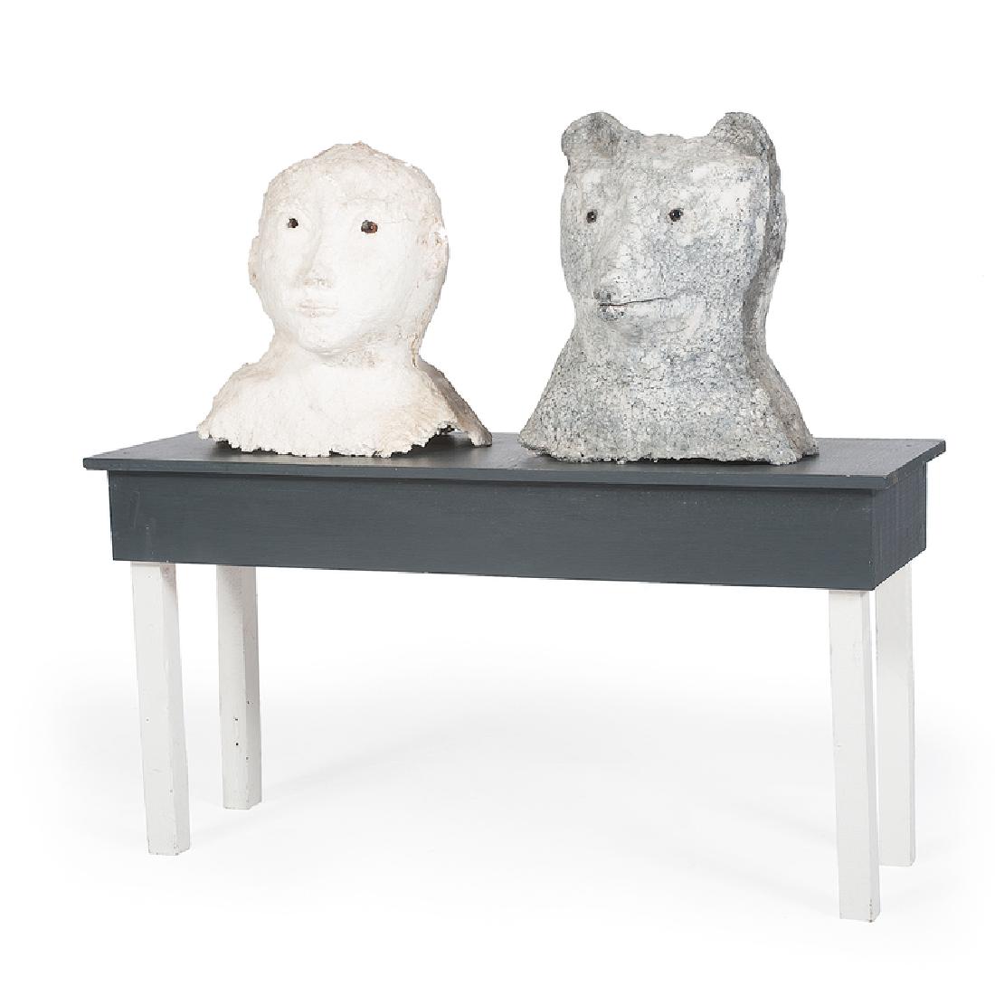Anne Chu (American, 1959-2016): Human Head #2, Bear Head #9 and Bench cast paper and painted wood unsigned 1996 bear head ht. 19.75, human head ht. 18.25, bench ht. 24.75, wd. 49, dp. 16 in.