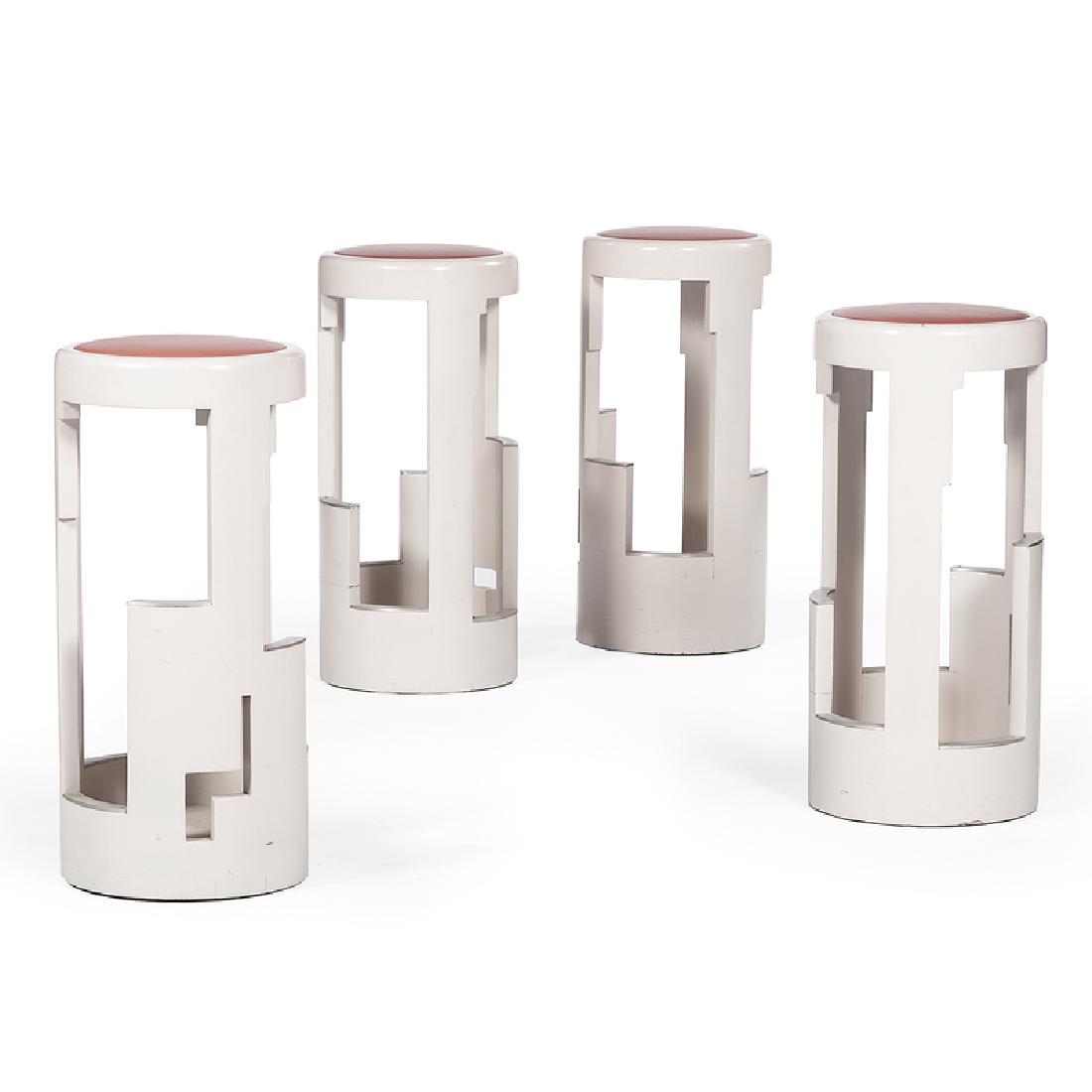 Modern Geometric Stools: American, 20th century. Four geometric bar stools featuring lacquered wood construction with steel plates and a faux leather seat; ht. 31.5 in., dia. 14.5 in.