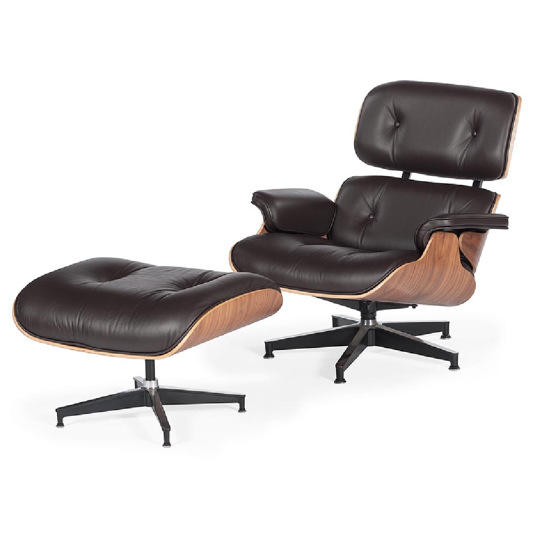 Charles and Ray Eames for Herman Miller, Lounge Chair: American. Manufactured in 2014 from the original 1956 design, in molded plywood, aluminum and leather, with Eames label on underside of each; chair ht. 32 in., ottoman ht. 17.25, wd. 26, dp. 21.5 in.