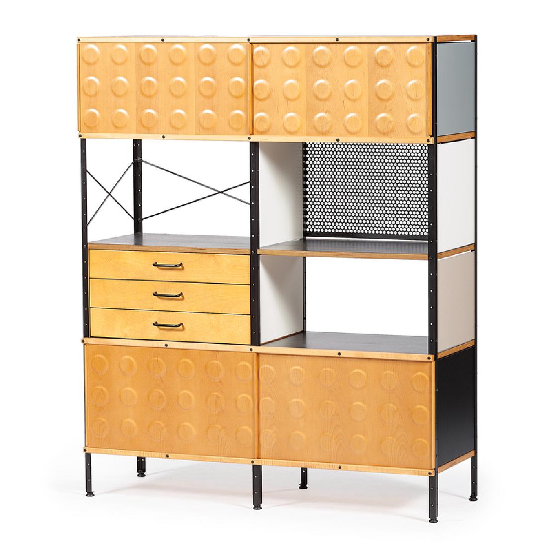 Charles and Ray Eames for Herman Miller, Storage Unit: American. Manufactured in 2015 from the original 1950 design, in zinc-coated steel and plywood, with manufacturer's label on underside; ht. 58.5, wd. 47.5, dp. 16 in. Lot accompanied by Herman Mille