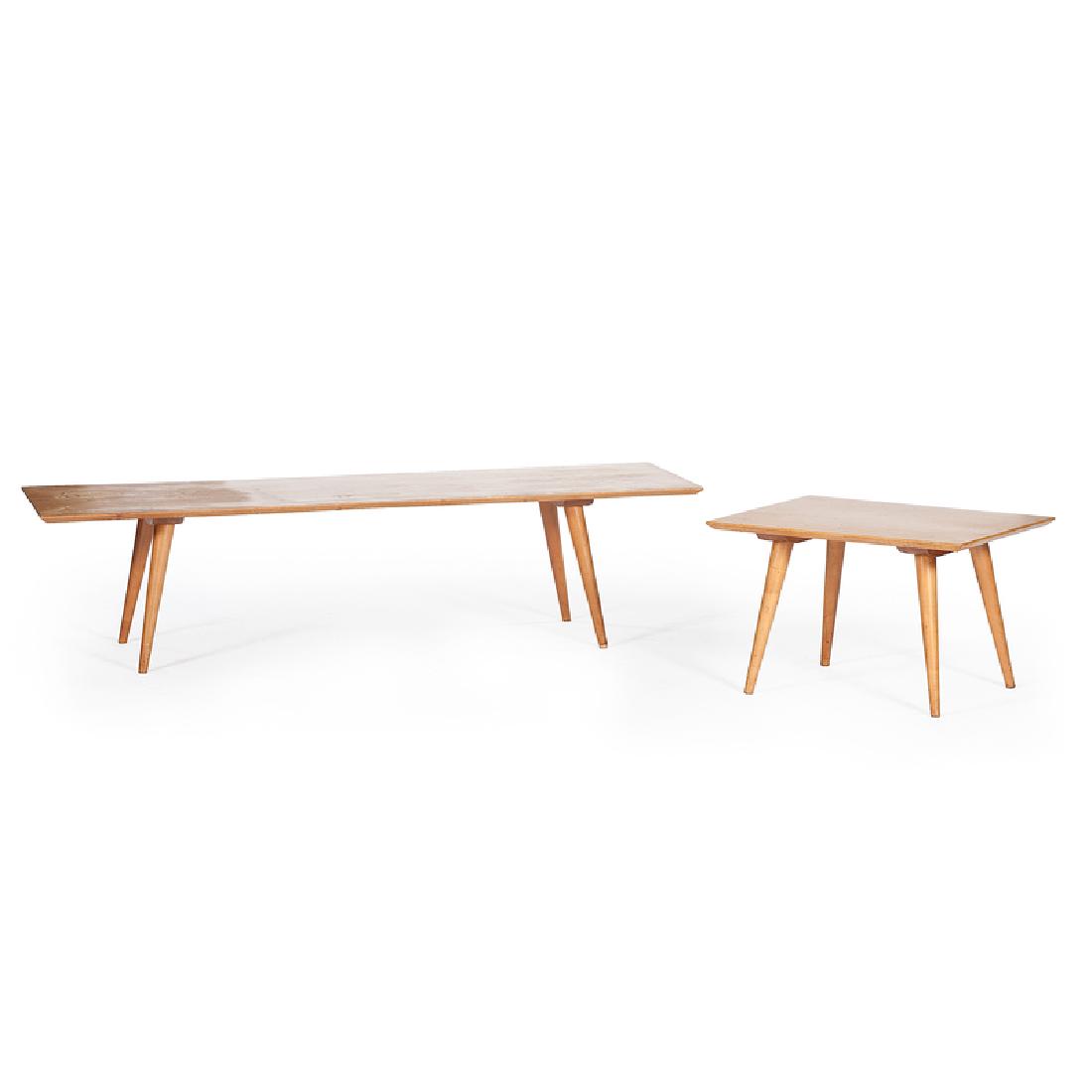 Mid-Century Modern Coffee Table and End Table in Maple: American, mid-20th century. A maple coffee table and matching end table in the manner of Paul McCobb, unmarked; coffee table ht. 14.75, wd. 60, dp. 18, end table ht. 14.75, wd. 24, dp. 18 in.