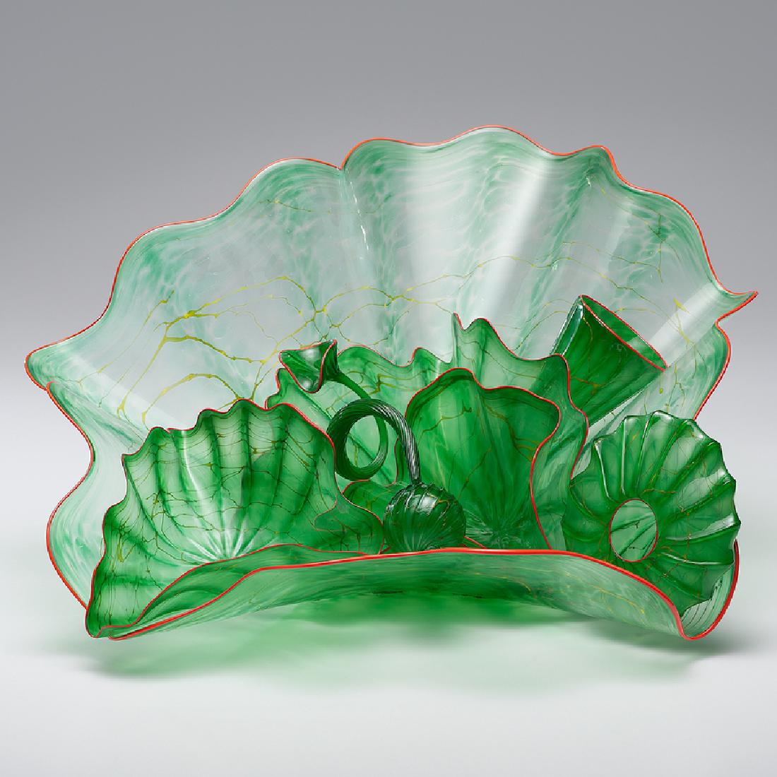 Dale Chihuly (American, b. 1941): Ming Green Persian Set with Ponceau Red Lip Wrap a 7-piece blown glass set 2000 largest ht. 13.5, wd. 26, dp. 21 in.