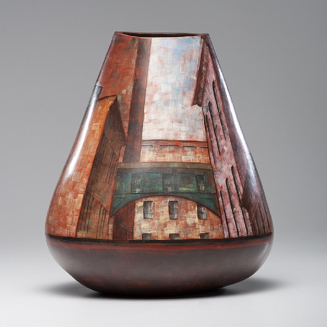 Lidya Buzio (Uruguayan -American, 1948-2014): Cityscape Vessel ceramic signed, dated 1985, numbered XV 85 and inscribed NYC on underside ht. 14.25 in.