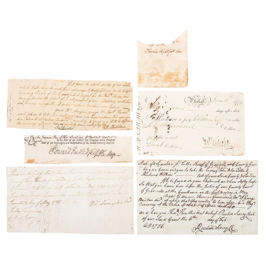 Signers of the Declaration of Independence and US: Lot of 6 autographs of signers of the Declaration of Independence, including: James Smith (1719-1806), manuscript DS, 3.25 x 8 in., ensilked, undated, regarding a divorce. Robert Morris (1734-1806)