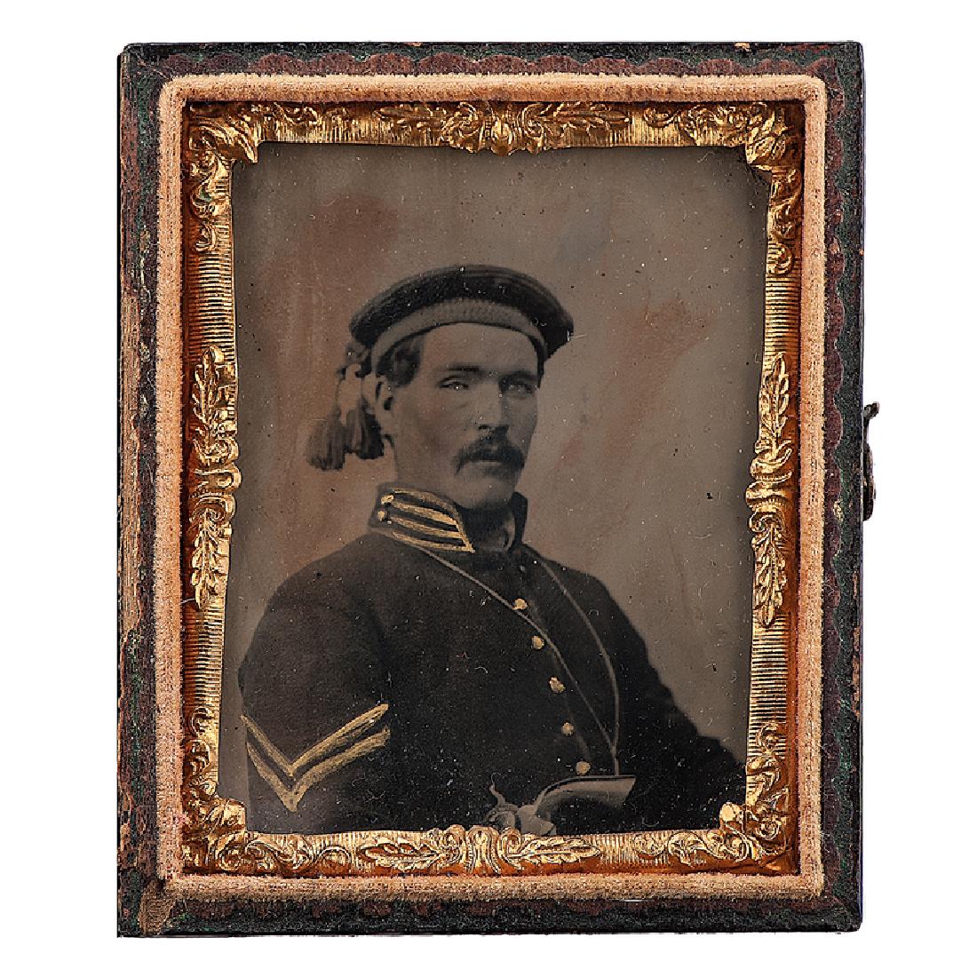 Civil War Ninth Plate Tintype of Armed Zouave, Plus: Lot of 3, including ninth plate tintype of a corporal wearing a Zouave-style cap, with a partially visible Colt Army revolver tucked in his belt, the chevrons, piping, and buttons on his jacket highli