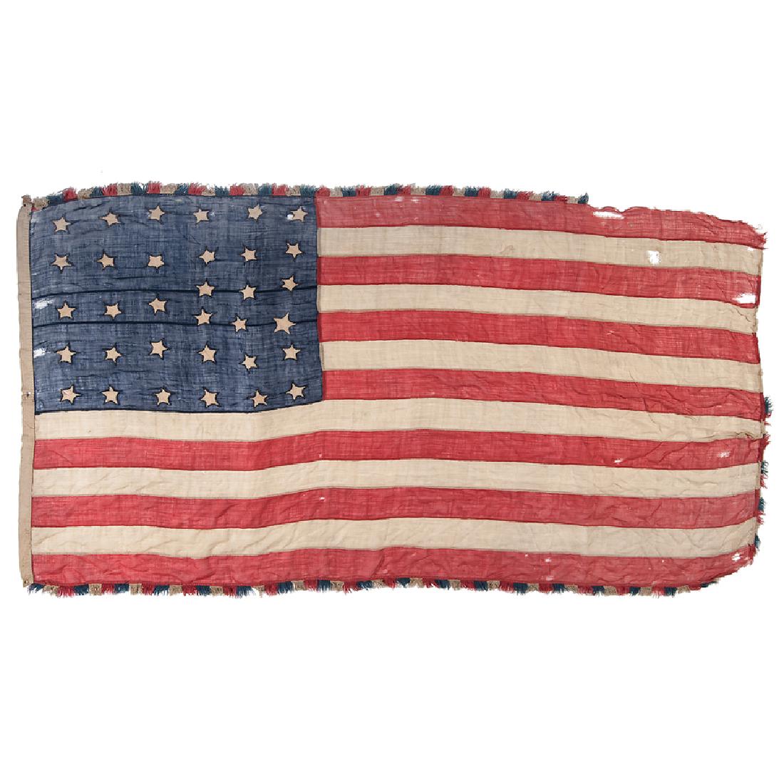 33-Star Flag Identified to Cedar Rapids, Iowa Settler: Worsted wool, approx. 71 x 139 in., with 33 hand-sewn, single-applique cotton stars configured in slightly scattered vertical rows of 5/5/5/6/6/6. The fly is constructed of 13 hand-sewn stripes. Red,