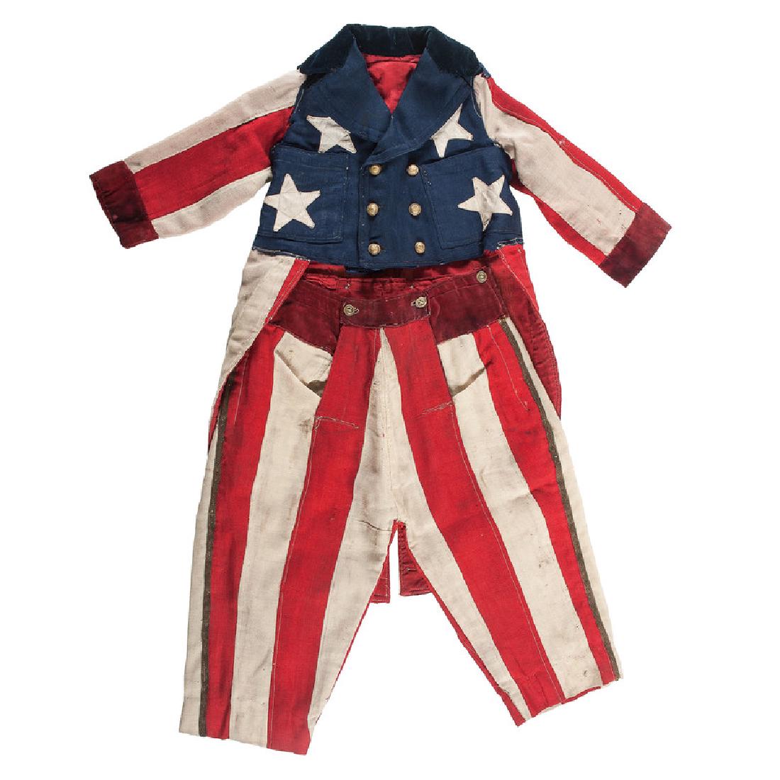 19th Century Boy's Patriotic US Flag Costume: Ca late 19th century two-piece patriotic flag costume, likely made for the 1876 centennial. Coatee is made from a worsted wool American flag, with four stars on the front and nine on the back for a to