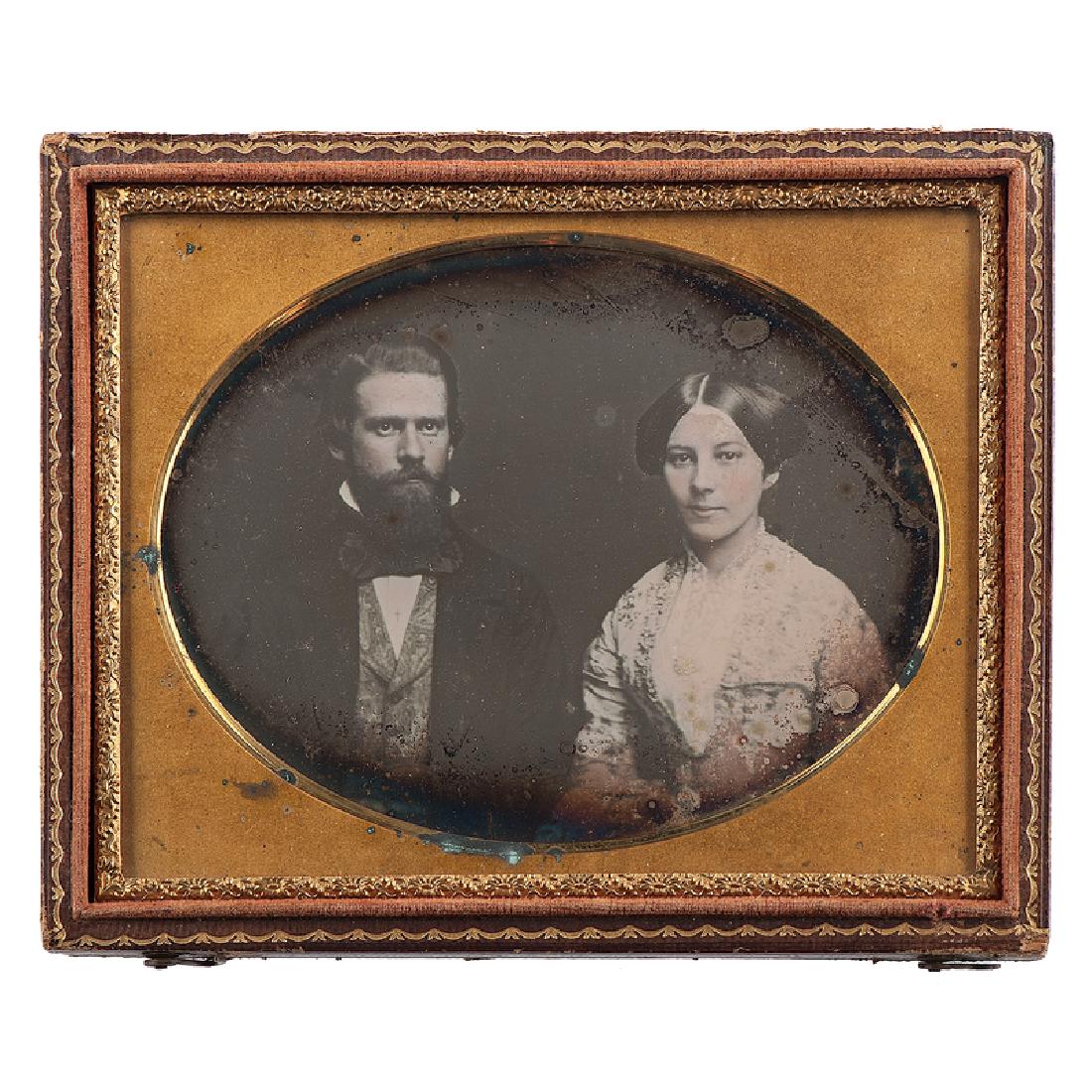 Calhoun and Adams Families of South Carolina,: Lot of 9 hard images, with 3 showing identified subjects, featuring a quarter plate daguerreotype of John C. Calhoun's son and namesake, Dr. John C. Calhoun, Jr. with his wife, Ann Richardson "Anzie" 