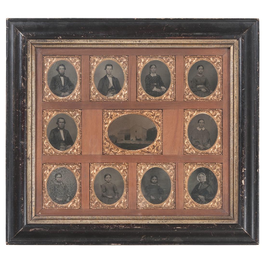 Marshall Family of Ohio, Early Photo Collection incl.: Frame containing 11 ambrotypes and/or tintypes, including 10 sixth plate portraits and a single quarter plate outdoor view of the family home. Acquired together with a 3.5 x 4.5 in. photograph on slig
