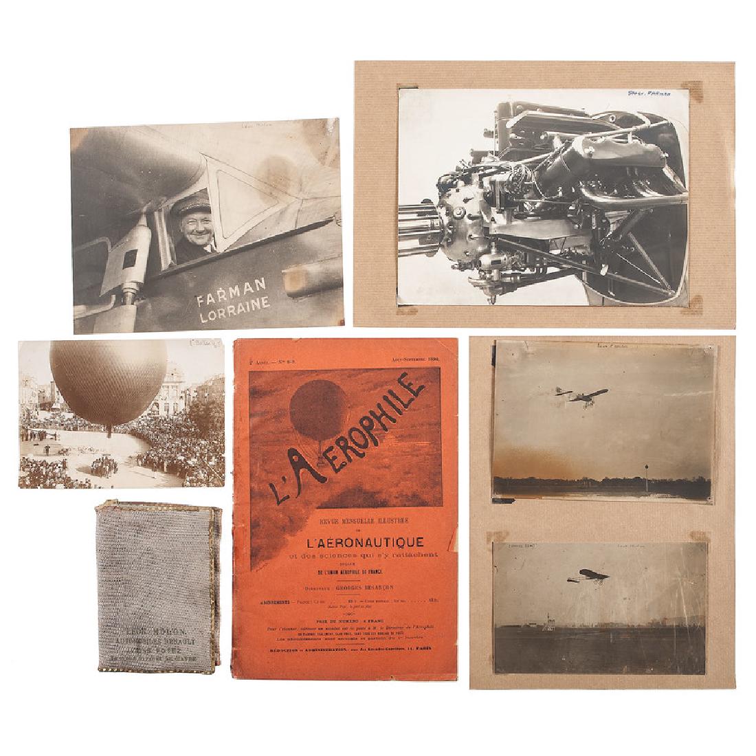Leon Molon Famous Early French Aviator Archive: Lot of approximately 256 items spanning from 1898 until 1933 concerning French aviator, Leon Molon. Items include 37 photographs or real photo postcards of Leon, some of him flying one of his early b