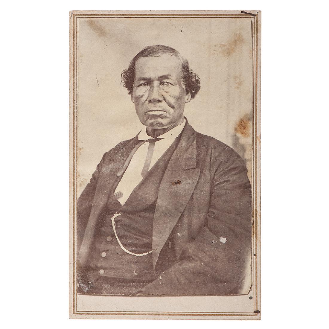 Chief Samuel Baptiste Peoria CDV: Uncredited carte de visite of the "Last Chief of Peorias," Samuel Baptiste Peoria (1793-1873). The image appears to be mounted atop another photograph, suggesting that the mount may not be original