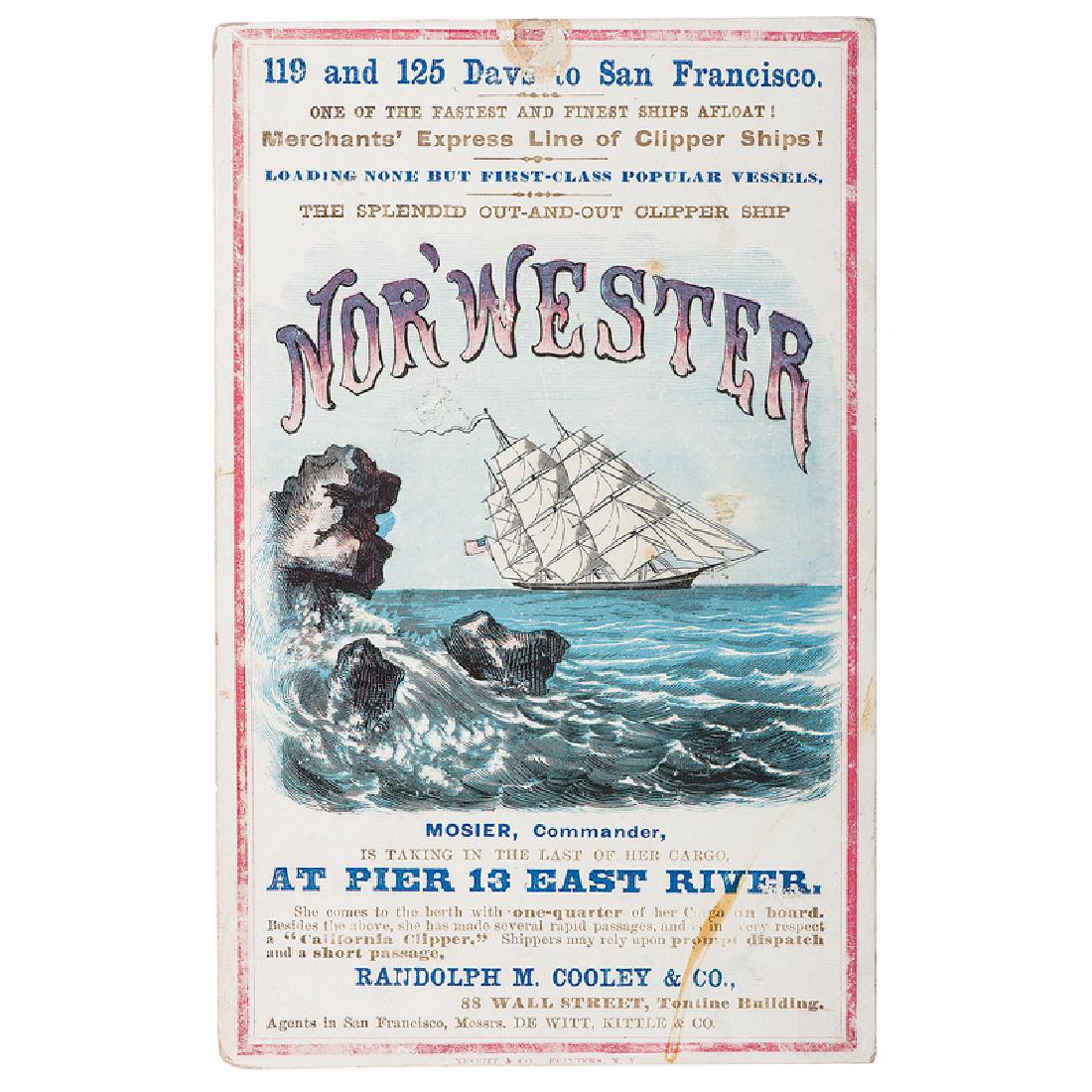 Clipper Ship Card for Nor'Wester by Nesbitt: Clipper ship sailing card on porcelain coated stock, 4 x 6.375 in. Promotional card for the first class clipper ship Nor'Wester, of Merchants' Express Line for San Francisco, under the command of Cap