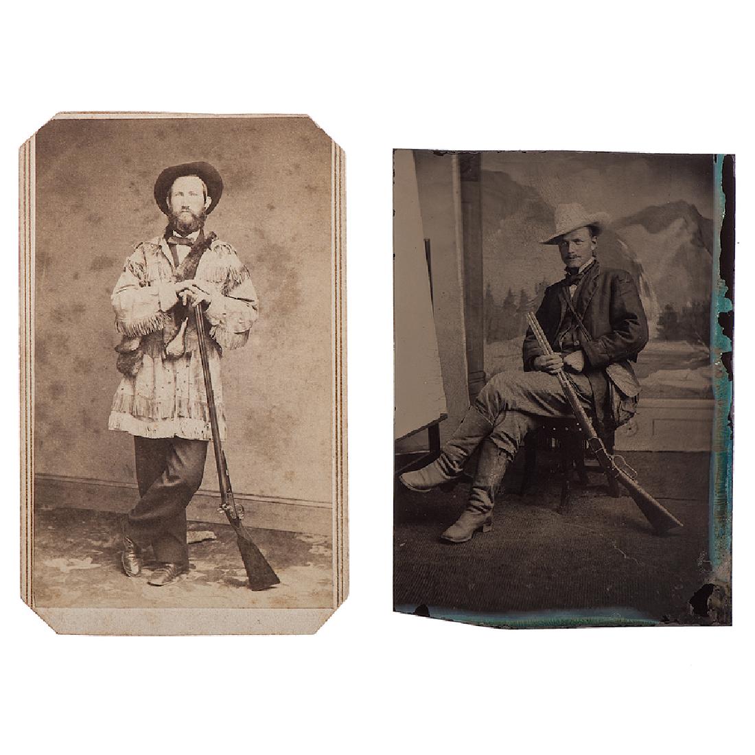 Fine CDV & Tintype of Armed Hunters, One by Vance: Lot of 2, including albumen CDV of a bearded hunter posed in a studio setting, dressed in a buckskin coat, carrying a hunting bag, powder flask, and rifle. With verso credit to Vance's Gallery, Brad