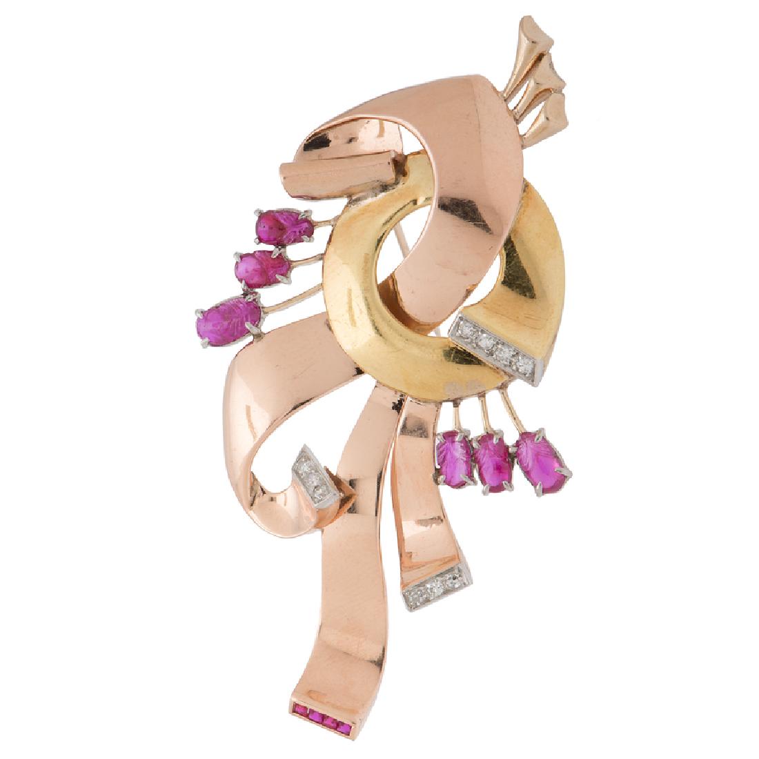 Diamond and Ruby Retro Brooch in 10 Karat Rose and (1 of 3)