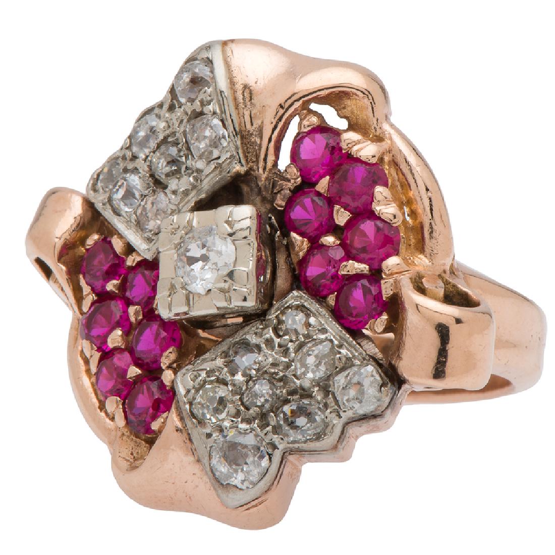 Diamond and Synthetic Ruby Retro Ring in 14 Karat Rose (1 of 4)