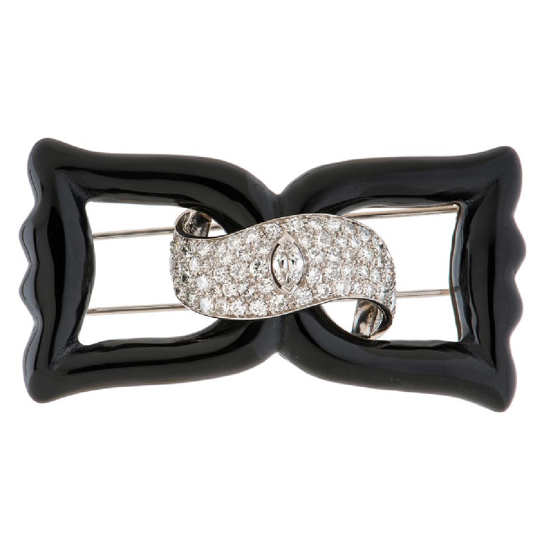 Diamond and Onyx Bow Brooch in 14 Karat White Gold and (1 of 2)