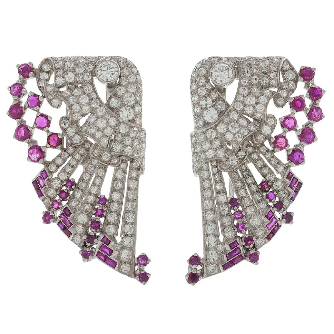 Art Deco Diamond and Ruby Dress Clips in Platinum (1 of 3)