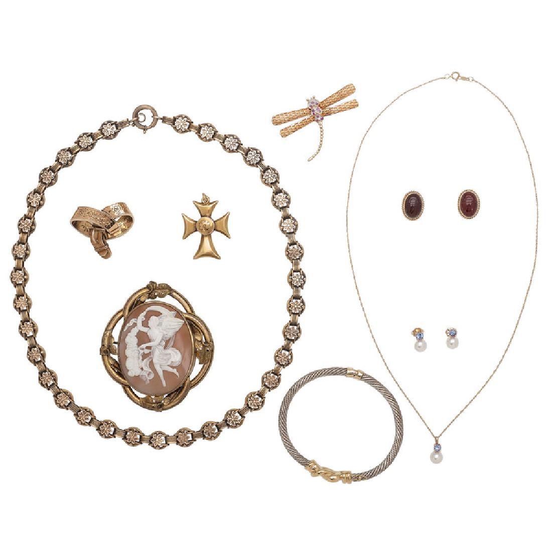 Pearl and Tanzanite Jewelry in 14 Karat Gold PLUS: The set features a total of three round faceted tanzanites measuring approximately 4mm and three cultured pearls measuring approximately 6.5mm. Also included is a pair of carnelian scarab earrings i