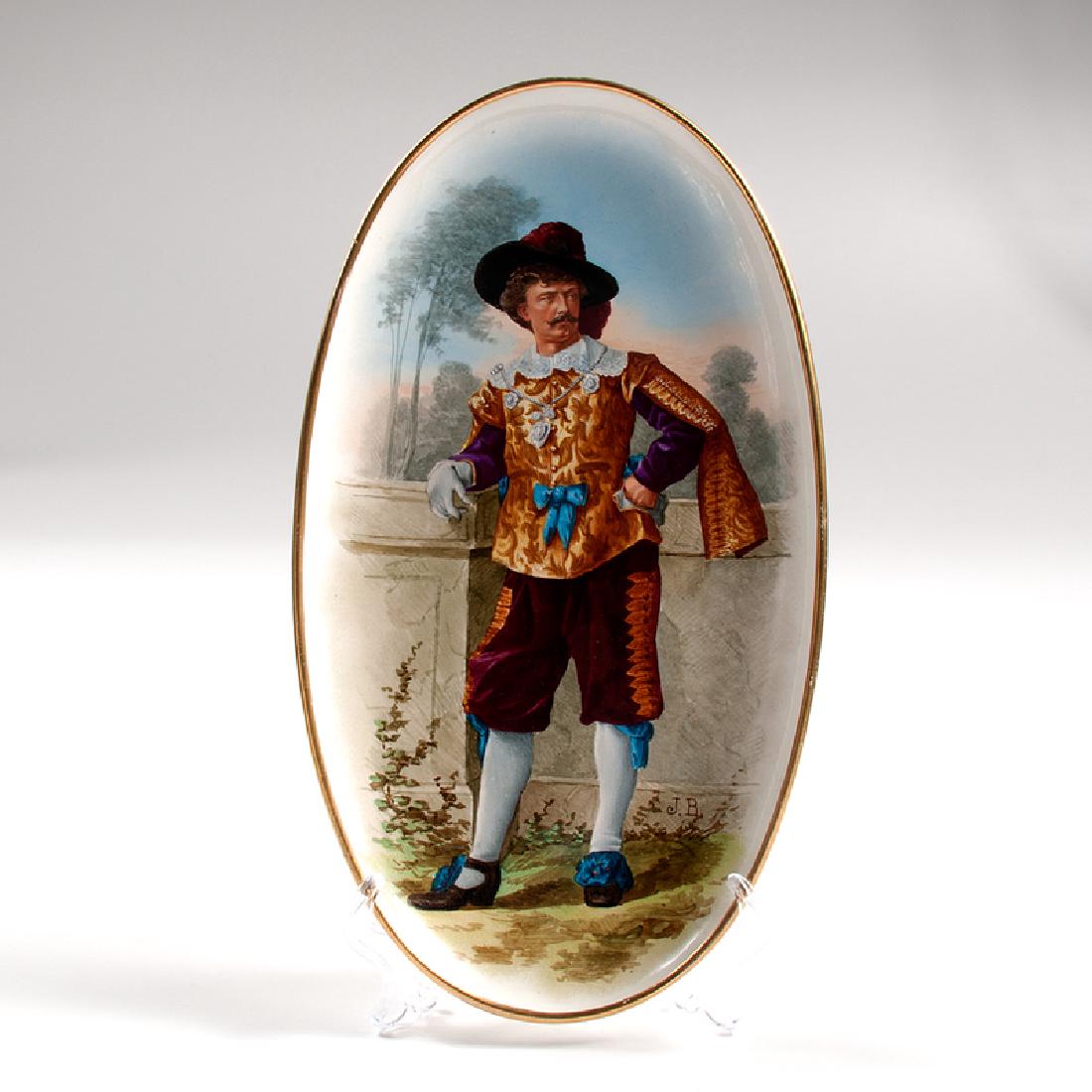 Hautin & Boulanger Choisy Le Roi Enamel Portrait Plate: French, ca. 1870. An enamel portrait plate depicting a gentleman standing at a wall, finely dressed, byÂ Hautin & Boulanger Choisy Le Roi, marked for maker on underside, and initialed J.B. l.r.; ht.