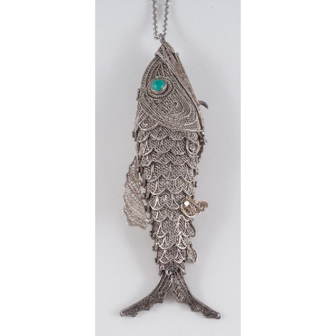 Articulated Fish Pendant with Turquoise in Silver 13.68 (1 of 2)