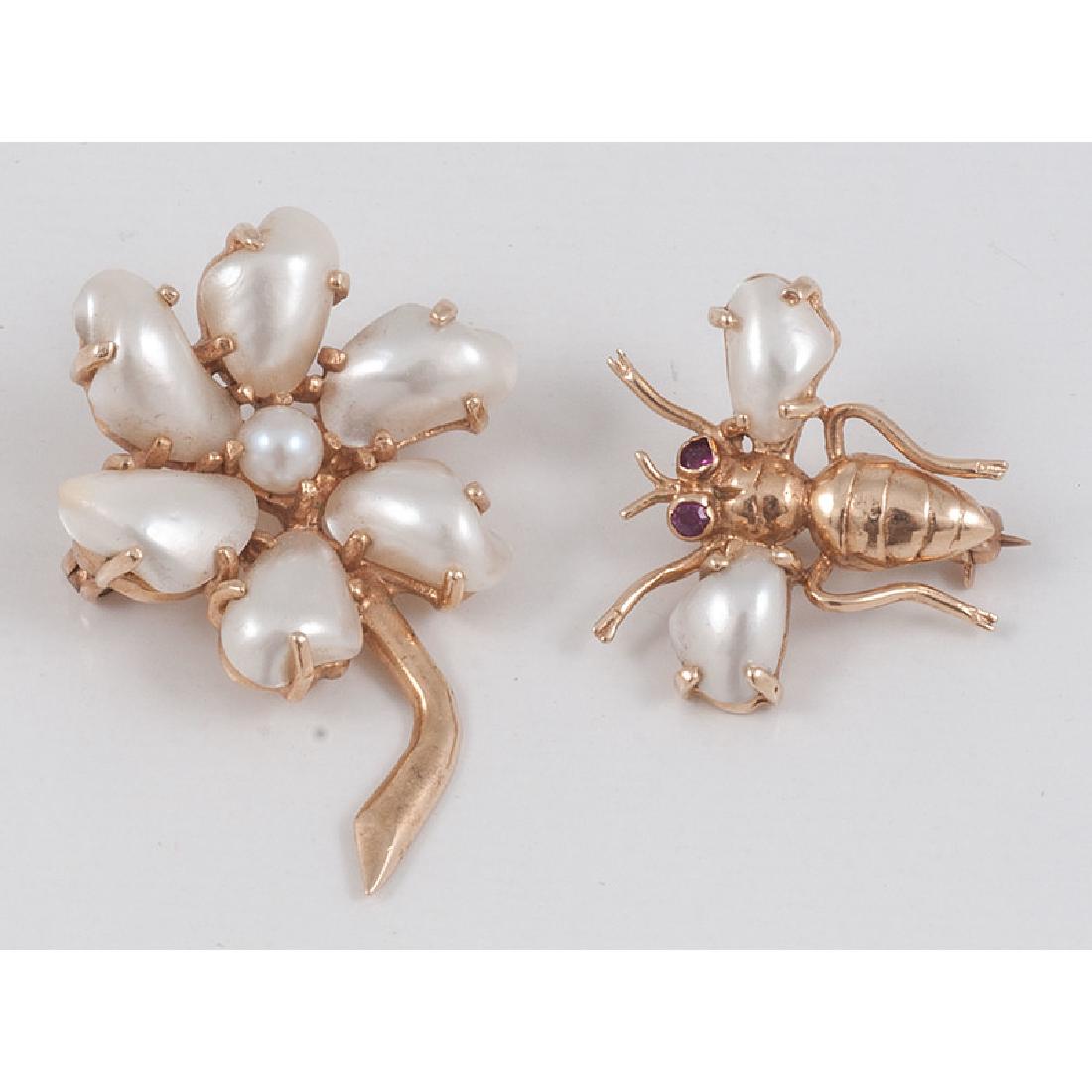 Bee and Flower Pins with Pearls in 14 Karat Yellow Gold (1 of 2)