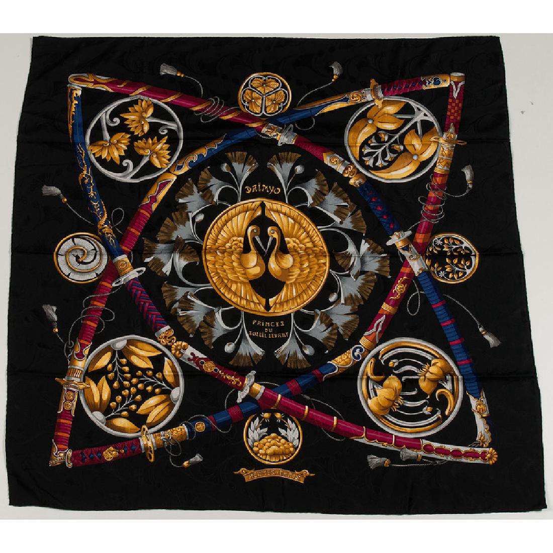 Hermes "Daimyo Princes du Soleil Levant" Silk Scarf: A Hermes "Daimyo Princes du Soleil Levant" silk scarf. Designed by Françoise Façonnet in 1990. Includes box. Measures 35" x 35". Provenance: Property from the Collection of Dr. M. Donald Hayes. To