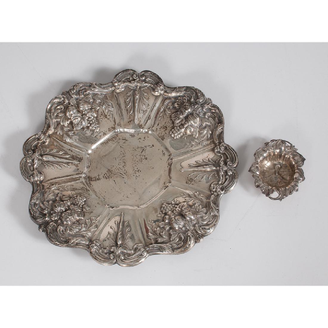 Reed & Barton Sterling Plate, Francis I, Plus: American, 20th century. A Reed & Barton sterling plate in the Francis I pattern, PLUS a sterling Art Nouveau floral dish, maker's mark obscured; plate dia. 11.5 in., dish lg. 3.5, wd. 3 in., silver wt