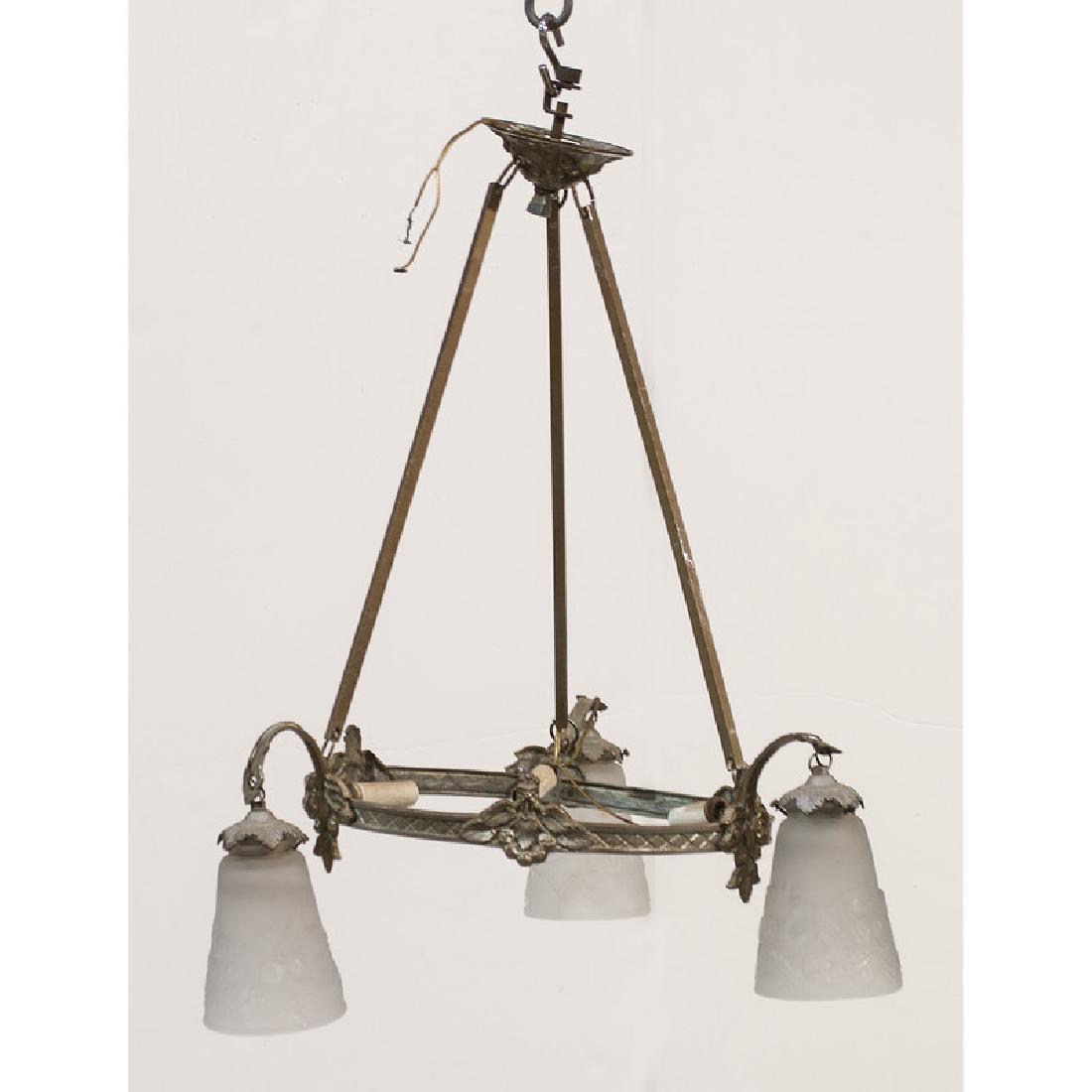Muller Freres Chandelier: French. A Muller Freres chandelier having a patinated metal frame and three matching frosted glass conical shades; lg. 26 in.