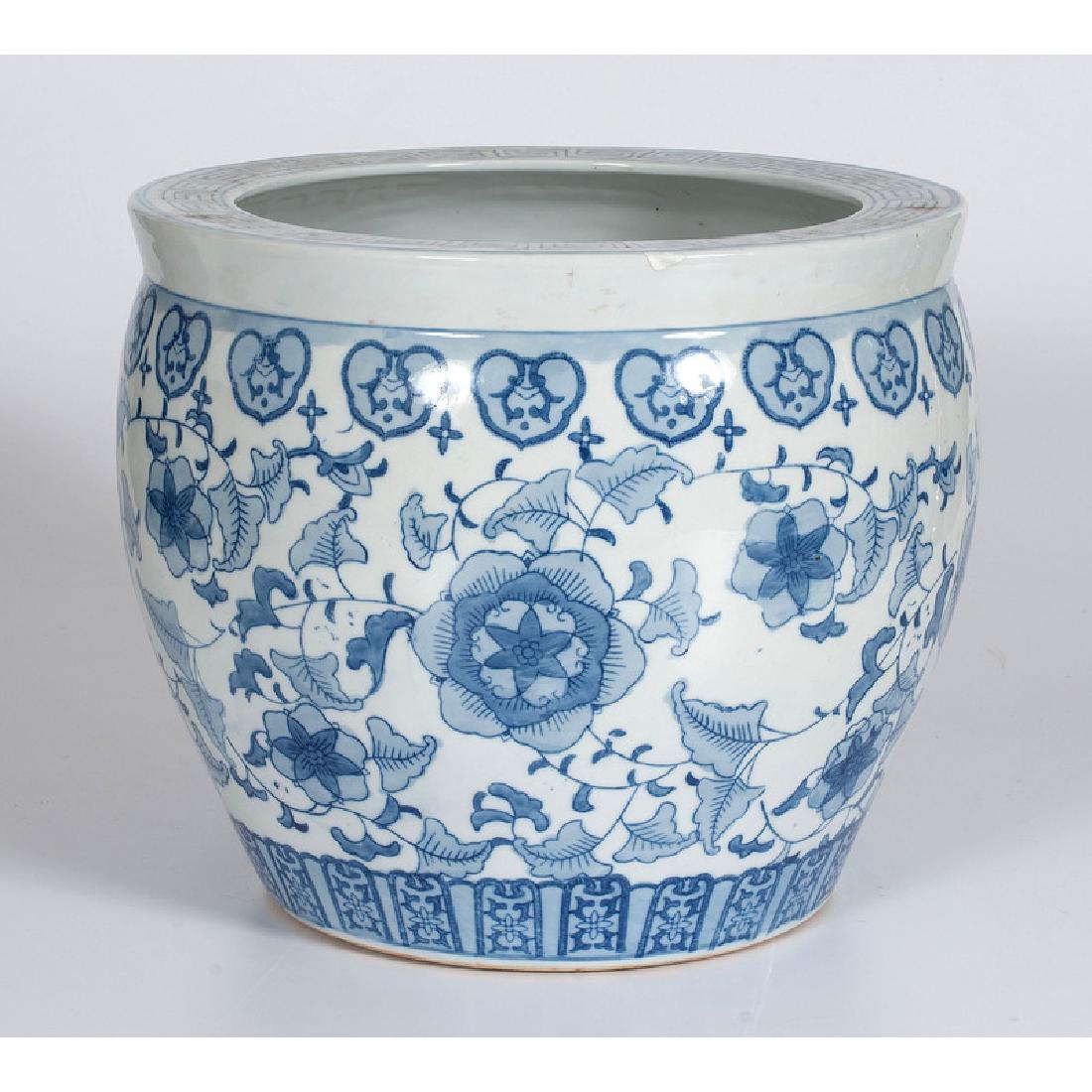 Blue and White Chinese Jardiniere: Chinese, 20th century. A blue and white porcelain jardiniere, unmarked; ht. 12, wd. 14 in. Provenance: Property from the Collection of Dr. M. Donald Hayes. To Be Sold Without Reserve.