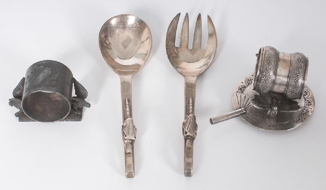 Mexican Silverplate Utensils and Meriden Silverplate: American and Mexican. A pair of serving utensils and two figural napkin rings, all marked; utensil lg. 7.75 in. (each), largest ring base dia. 3 in.