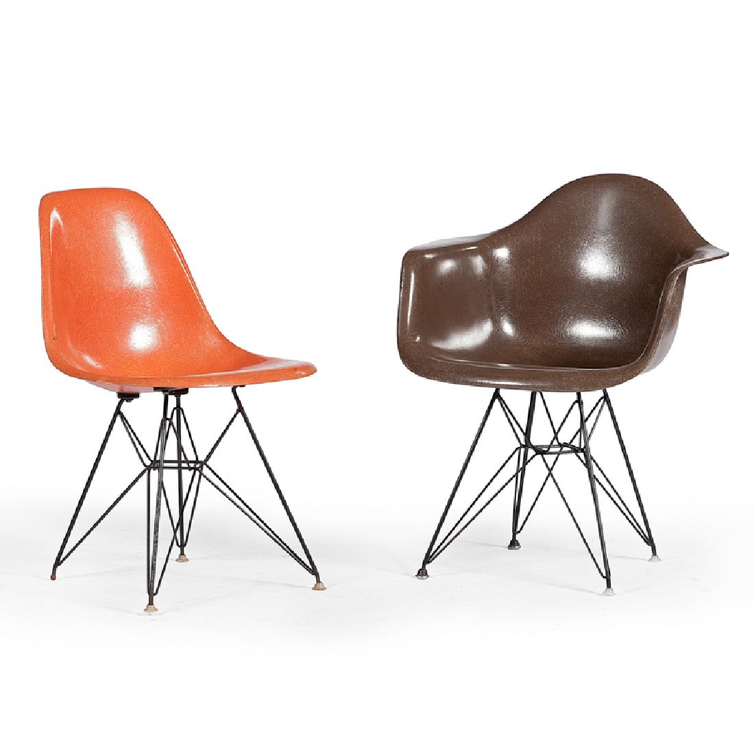 Charles Eames for Herman Miller Armchair and Side Chair: American, mid-20th century. An Eames armchair in green fiberglass and a side chair in orange fiberglass, labeled; armchair oah. ht. 31 in., side chair oah. 30 in.