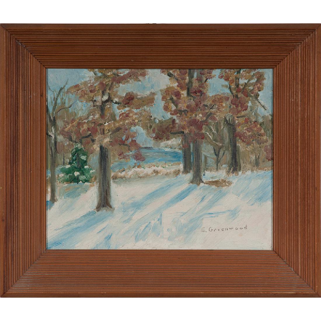 Ernest Greenwood (English, 1913-2009): Autumn and Winter Landscapes two oils on artist board each signed l.r. housed in wood frames 7.5 x 9.5 in. (sight, each)