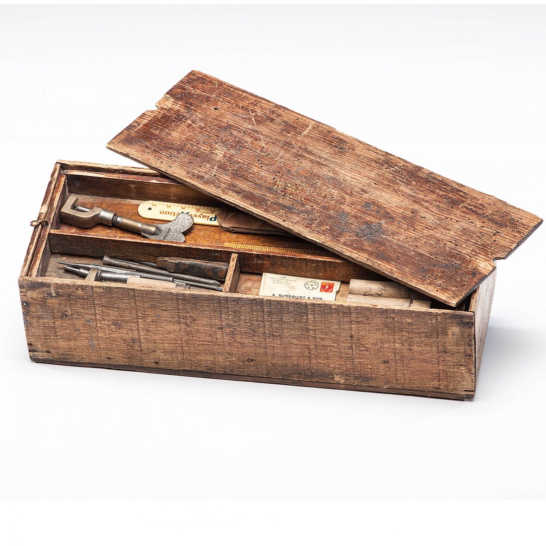 Piano Tuner's Tool Box with Tools: American. A piano tuner's tool box with specialty tools, the box having a removable lid and a lift-out tray; box ht. 3.5, lg. 13, dp. 5 in.