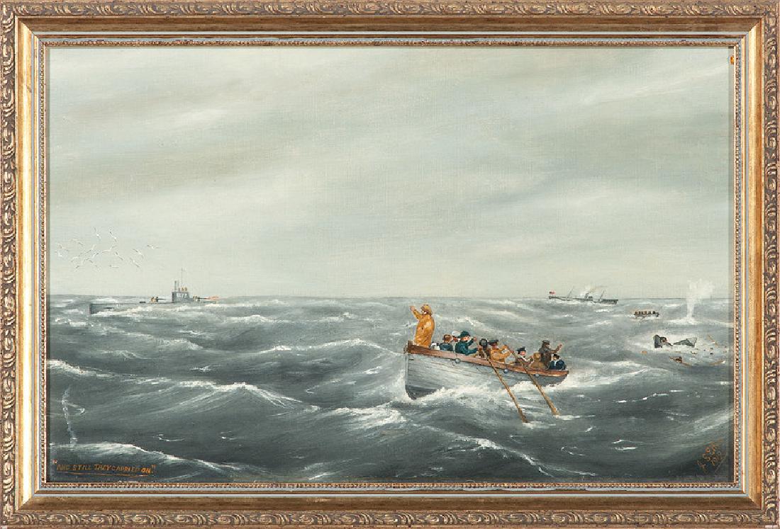J.S. Ellis, Oil on Board, And Still They Carried On: Ellis - "And Still They Carried On" Oil on Board And Still They Carried On oil on board signed lower right, J. S. Ellis 1919 framed, 17.25 x 11 in. (sight) Depicts crew aboard lifeboat,