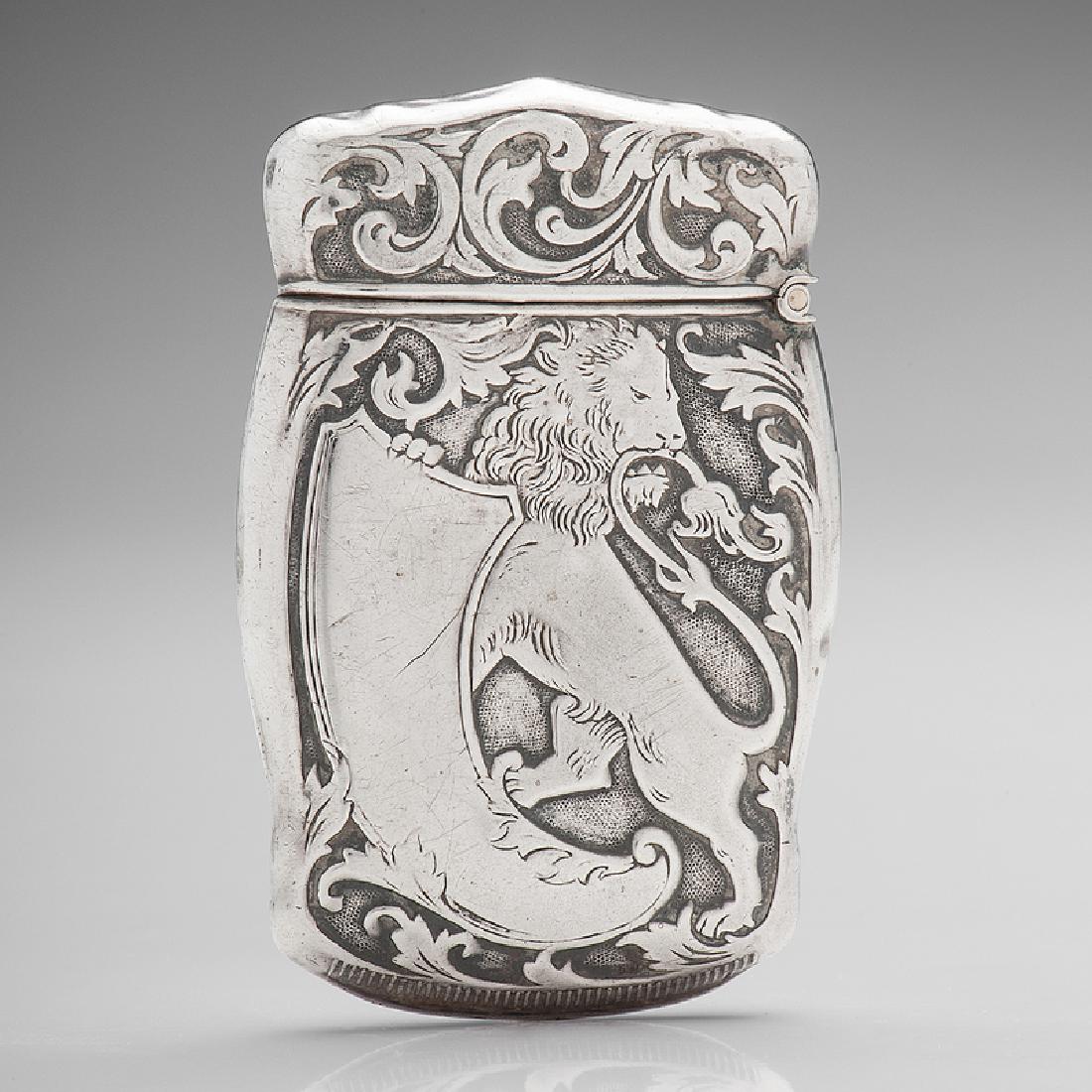 Sterling Silver Match Safe with Lion and Shield: American, late 19th-early 20th century. A sterling silver match safe with decoration of a standing lion and shield-form cartouche, marked on interior rim; ht. 2 3/4, wd. 2 3/4 in.
