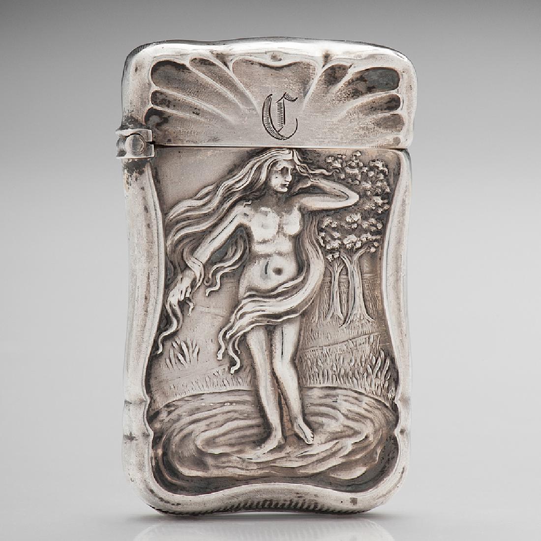 Sterling Match Safe with Art Nouveau Maiden in Water: American, late 19th century. A sterling silver match safe, both sides decorated with an Art NouveauÂ figure of a maiden standing in water, monogrammed on upper lid, marked on interior lip; ht. 2.25,