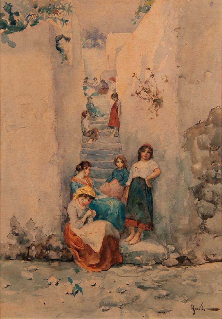 Arnaldo De Lisio (Italian, 1869-1949) Watercolor: Girls Sitting on a Staircase late 19th century signed l.r. framed 19.25 x 13.25 in. (sight), 28.5 x 22.5 in. (frame)