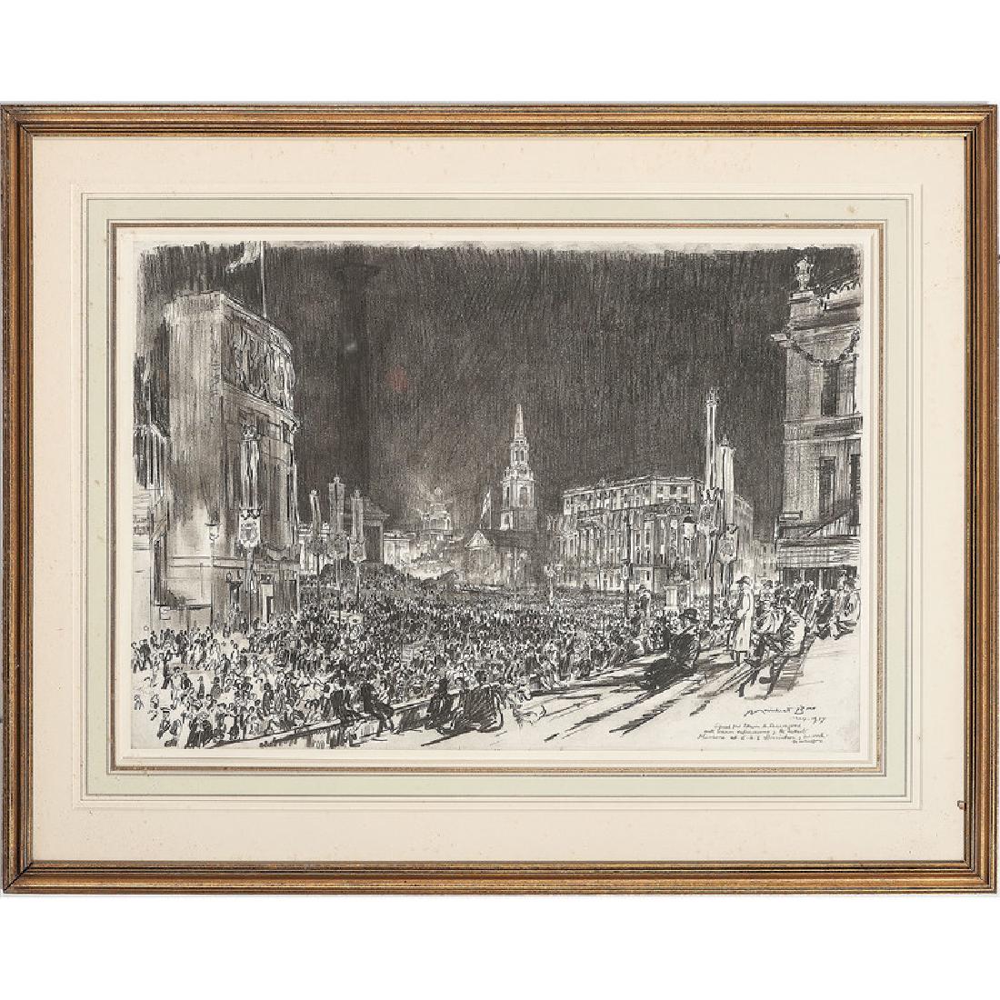 David Muirhead Bone (English, 1876-1953): Demonstration Scene charcoal signed and dated May 1937 l.r. dedicated to Edwin A. Seasongood l.r. framed 13.5 x 19.5 in. (sheet)