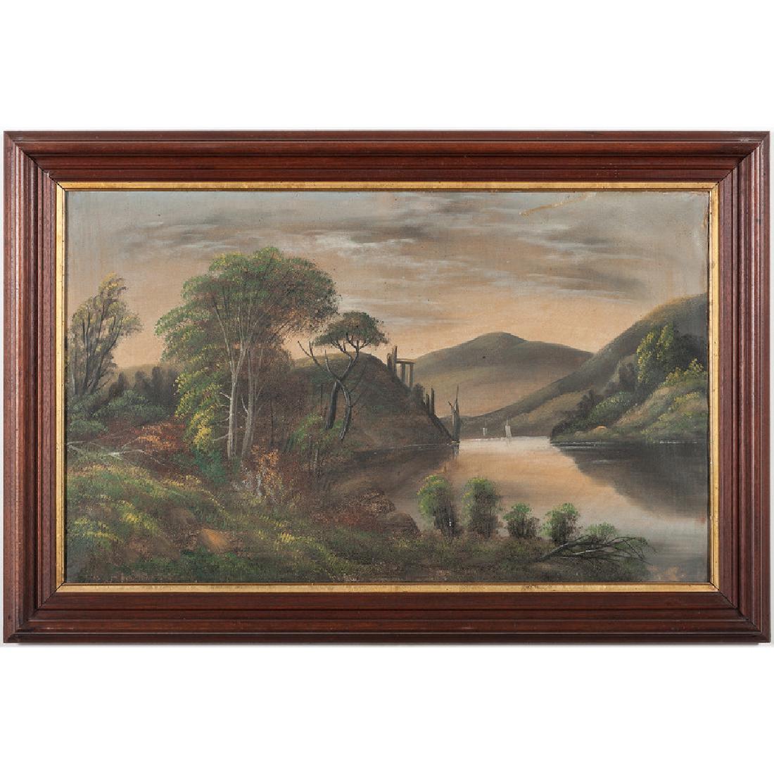 Hudson River School Landscape: American, 19th century. Oil on canvas, housed in a walnut frame. A landscape with river and mountains, unsigned; 21.5 x 35.5 in. (sight).