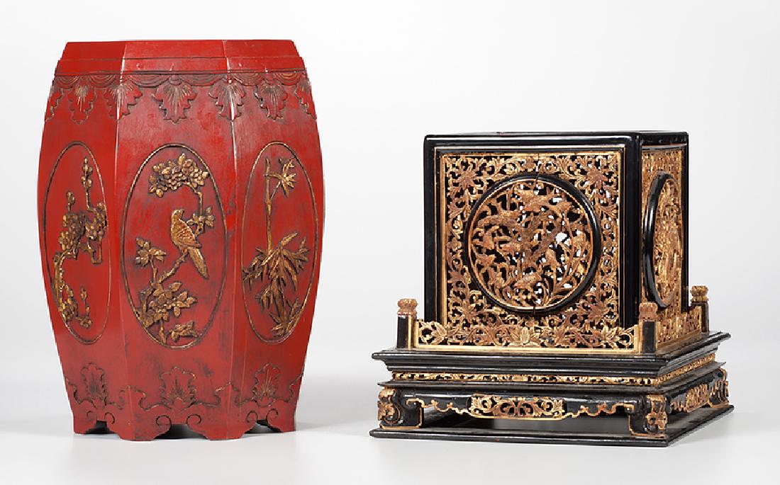 Chinese Lacquer Altar and Stool: Chinese, 20th century. A red lacquer octagonal garden stool, and a lacquer and giltwood pierced altar with fish and dragon panels, on a conforming base; stool ht. 19 in., altar oah. 14.25 in.